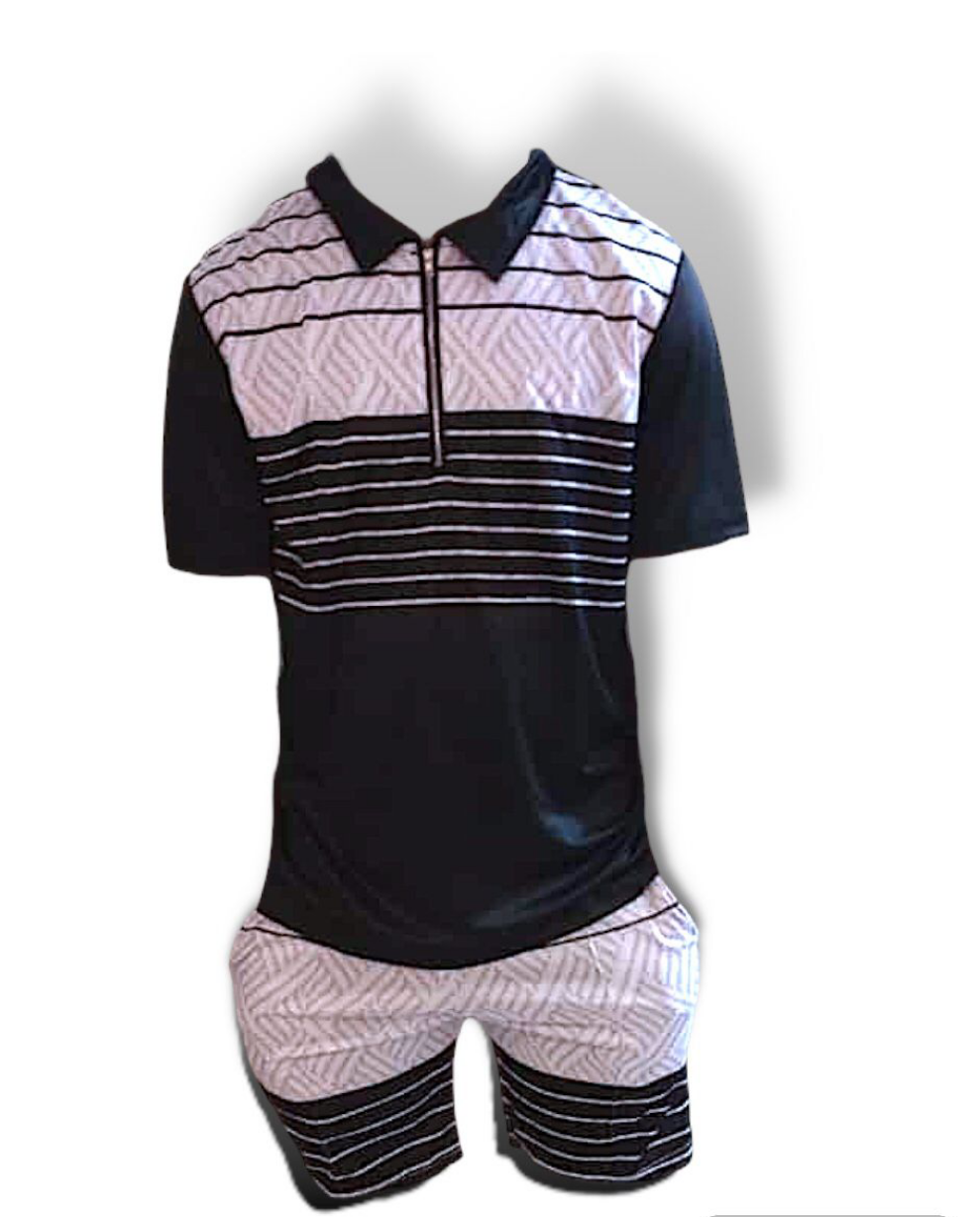 2 Piece Black And White Collared Zipper Shirt + Shorts