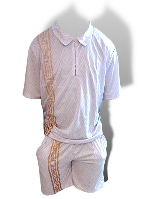 White and Gold 2 Piece Collared Shirt + Shorts